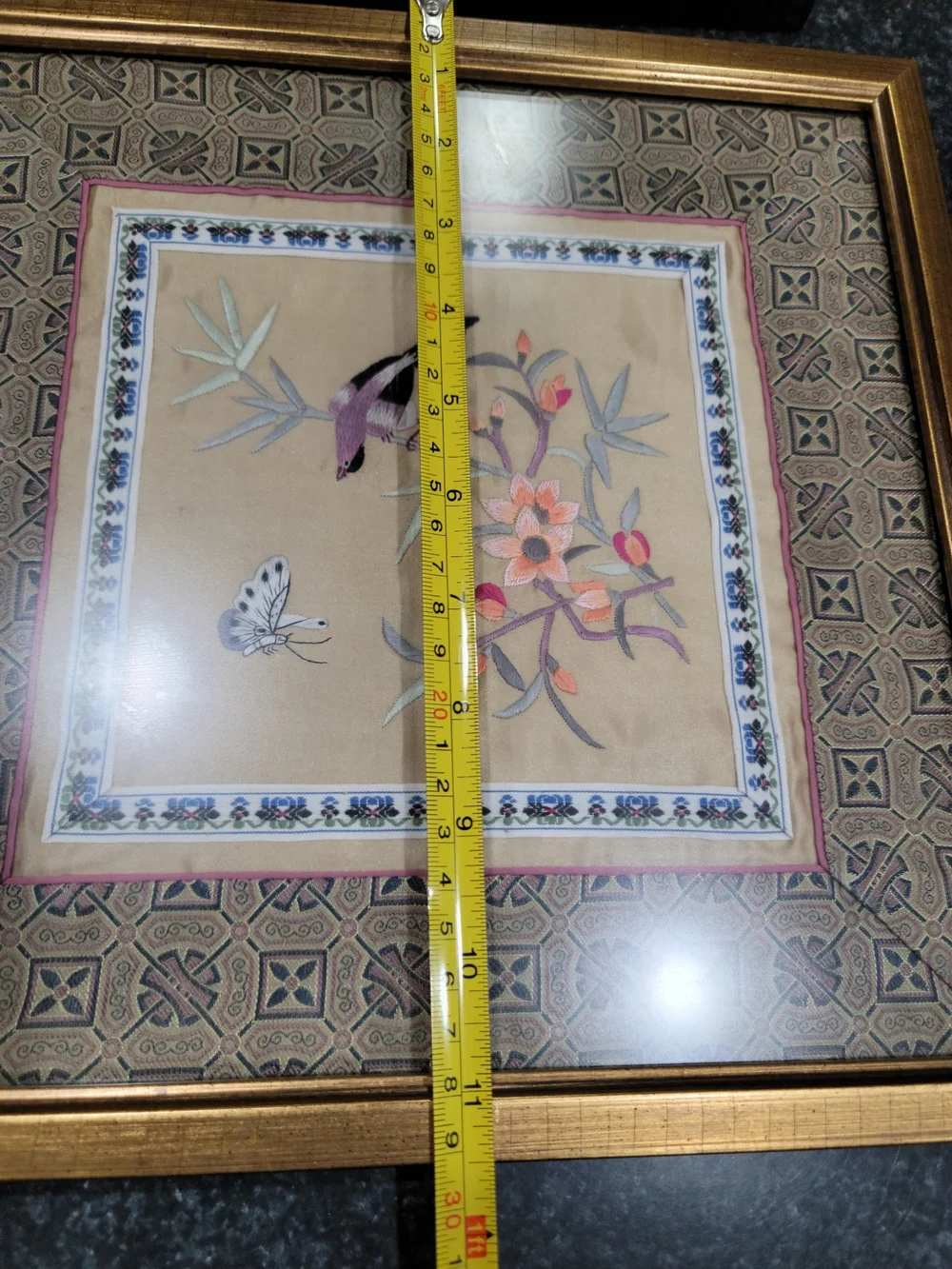 Vintage framed Asian silk embroidery panel Bird Floral Set Of 2
